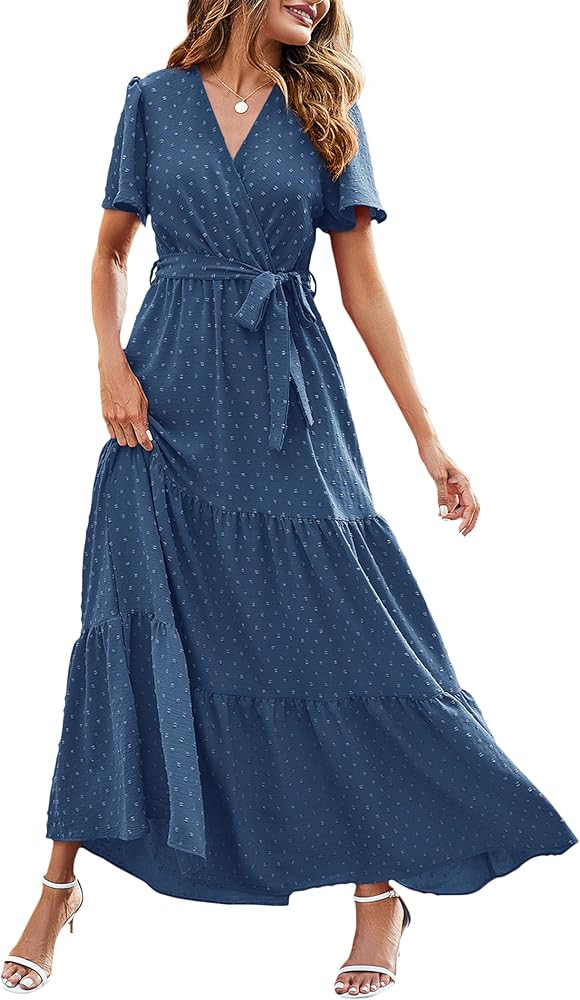 MASCOMODA Womens Summer Swiss Dot Maxi Dresses Wrap V Neck Flutter Short Sleeve Boho Casual Flowy... | Amazon (US)