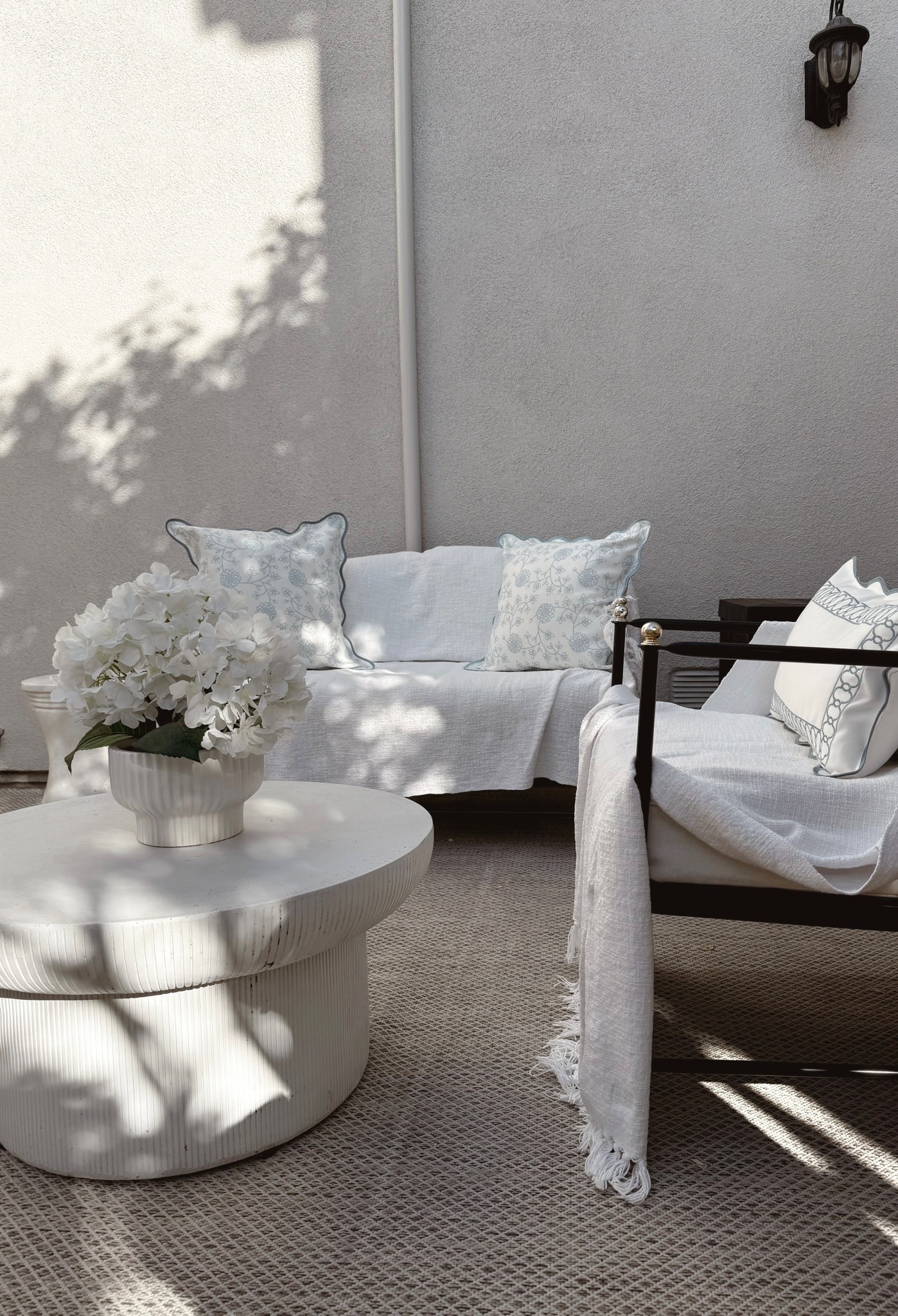 Outdoor patio furniture, small patio furniture, floral blue outdoor pillows, white outdoor furniture, summer 2025 

#LTKSummerEdit #LTKSeasonal #LTKHome