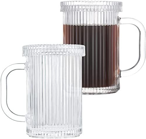 2 Pieces Clear Glass Coffee Mugs with Glass Lids Vintage Vertical Stripes Tea Mug Classic Ribbed ... | Amazon (US)