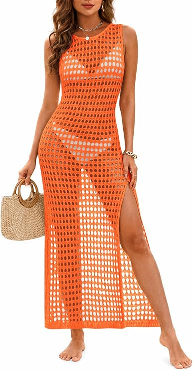 Yousify Womens Swimsuit Cover Up Crochet Bathing Suit Coverup Tie Back Hollow Out Side Slit Long ... | Amazon (US)