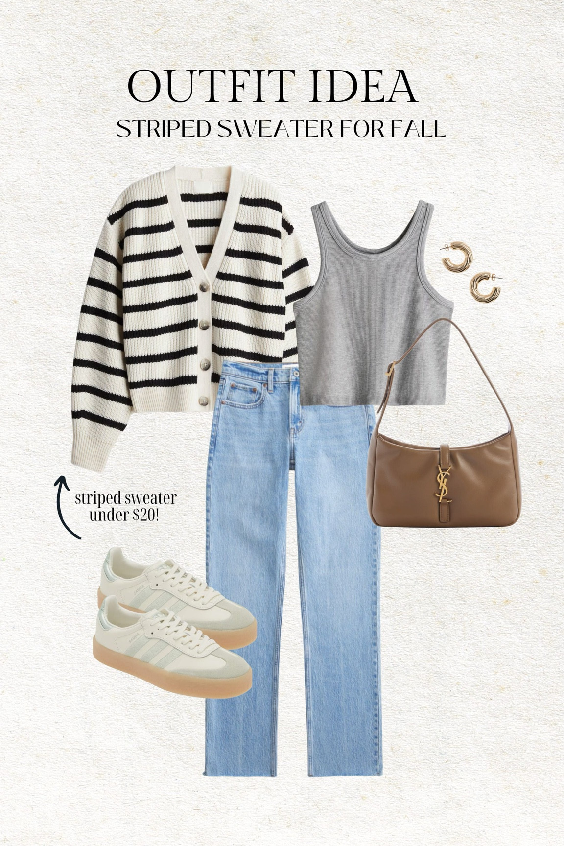 Striped sweater for fall - under $20!  Love this chunky striped cardigan - so thick and cozy for under $20. Been wearing my adidas sambae sneakers on repeat & love this color! 

Fall outfit, fall style, jeans, Abercrombie jeans, striped cardigan, striped sweater, adidas, white sneakers, ysl bag, designer bag, brown purse, cropped tank top, H&M, mom outfit, school drop off outfit, casual outfit, Christine Andrew 

#LTKSeasonal #LTKFindsUnder50 #LTKStyleTip