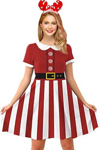 Womens Christmas A-Line Swing Dress Santa Claus Xmas Round Neck Party Costume Red Striped L | Amazon (US)