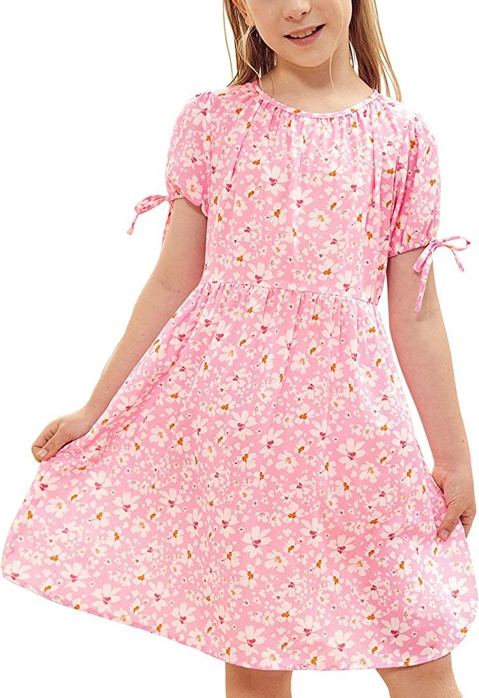 simtuor Girls Summer Floral Dress Short Sleeve Crew Neck A-Line Casual Midi Dresses Size 4-13 Yea... | Amazon (US)