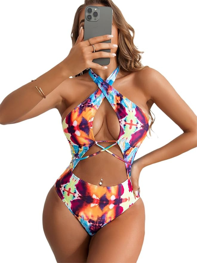 WDIRARA Women's Tie Dye Monokini Cut Out Criss Cross One Piece Halter Swimsuit Multicolored L | Amazon (US)