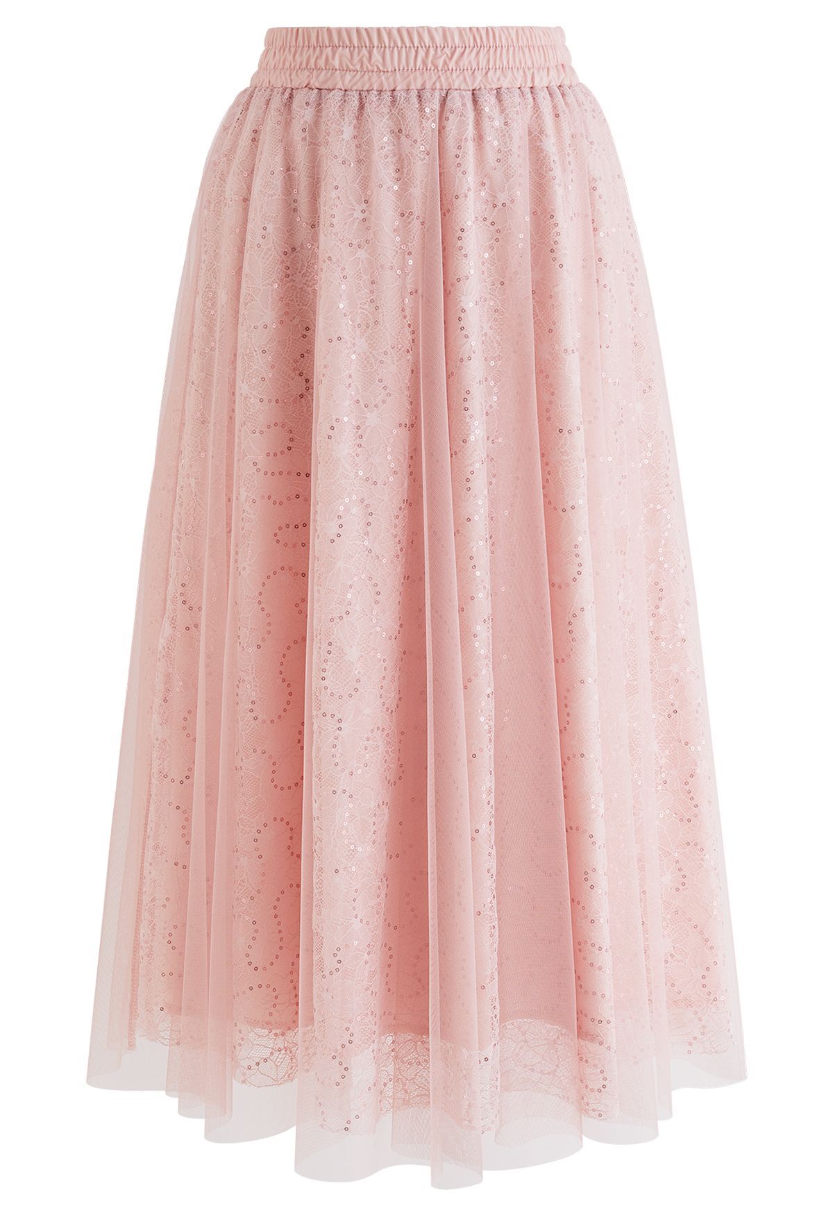 Sequined Floral Lace Mesh Tulle Skirt in Pink | Chicwish