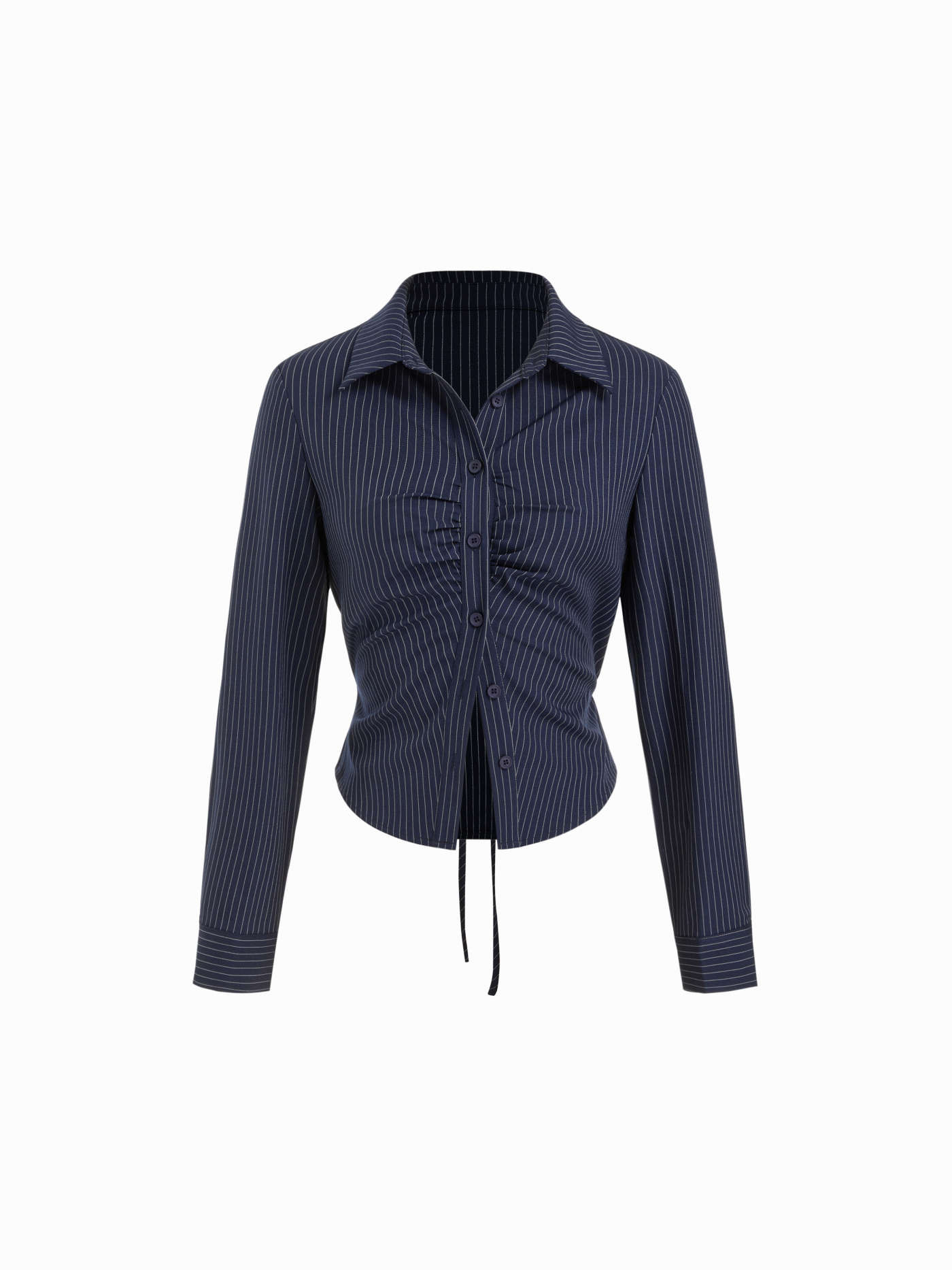 Woven Long Sleeve Striped Ruched Front Drawstring Shirt For Daily Casual Work | Cider