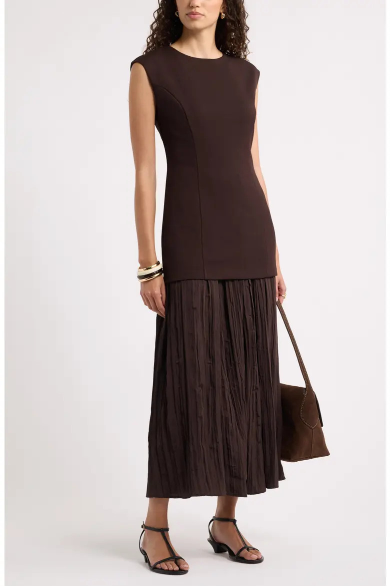 Nordstrom Mixed Media Pleated Dress in Brown Mole at Nordstrom, Size Medium | Nordstrom