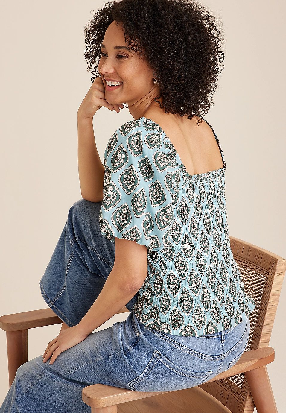 Medallion Smocked Puff Sleeve Blouse | Maurices