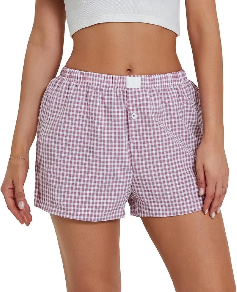 Women Y2k Plaid Shorts Elastic Waisted Gingham Pajama Shorts Plaid Boxers Shorts Lounge Sleep Sho... | Amazon (US)