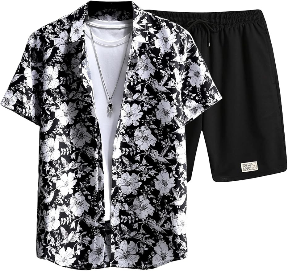 SHENHE Men's Two Piece Outfits Floral Button Up Short Sleeve Shirt and Shorts Sets | Amazon (US)