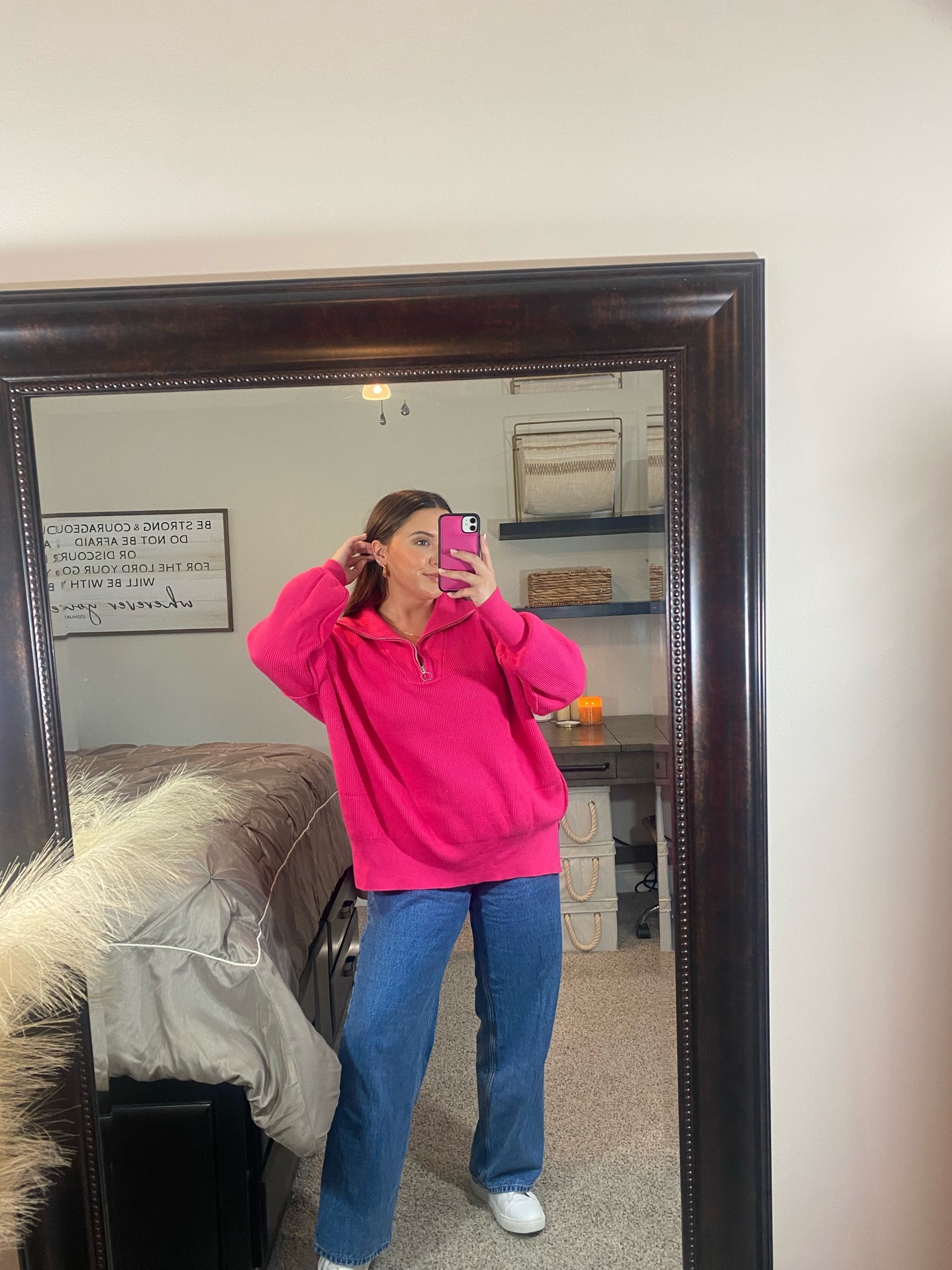 Abercrombie curve love denim: 29
Sweater: L, size up one for oversized fit