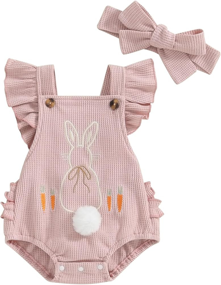 Madjtlqy Easter Toddler Baby Girl Romper Bunny Carrot Embroidery Ruffles Sleeve Backless Outfits ... | Amazon (US)