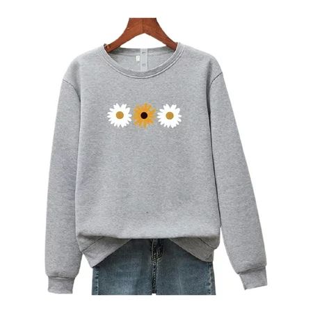 Eleluny Women Daisy Printed Sweatshirt Pullover Loose Casual Jumper Tops Light Gray 2XL | Walmart (US)