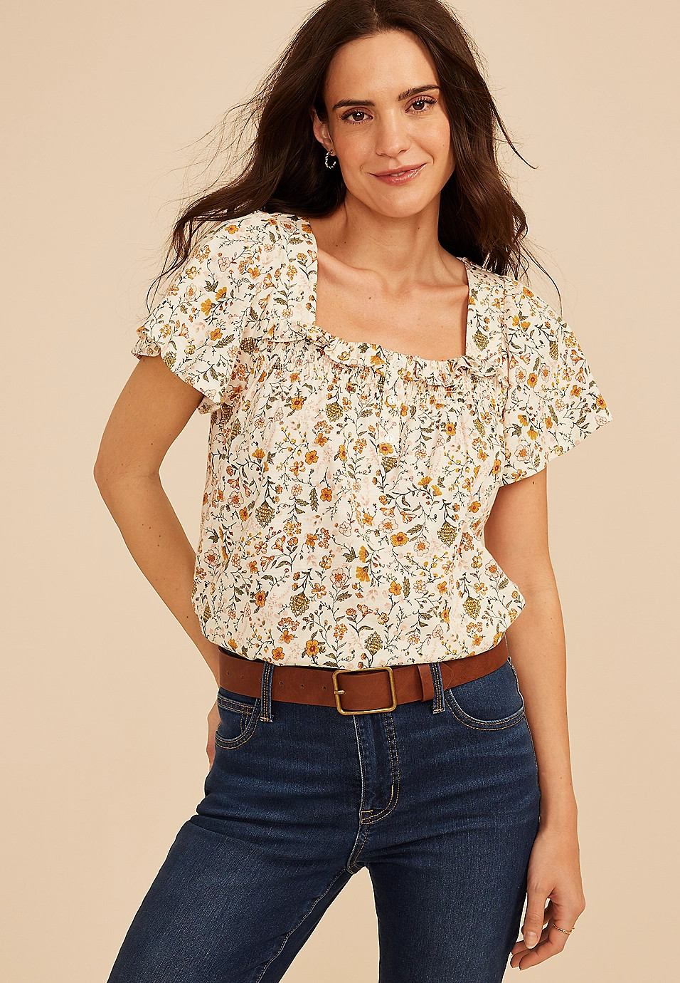 Floral Ruffle Trim Henley Top | Maurices