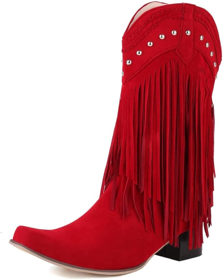 KiutSymo Mid Calf Fringe Boots For Women Cowboy Pointed Toe Chunky Heels Cowgirl Western Tassel B... | Amazon (US)
