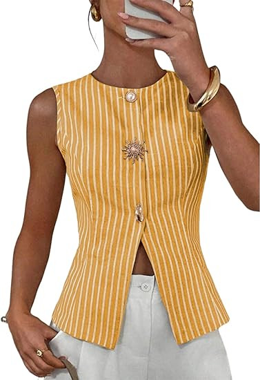 BLENCOT Womens Striped Sleeveless Slim Fit Vest Tops Dressy Crewneck Metal Button Down Business C... | Amazon (US)
