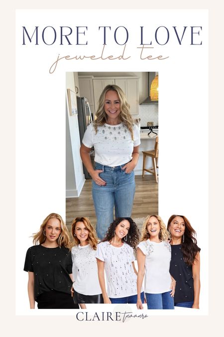 I am LOVING a jeweled tee with a pair of denim jeans! You could pair them with dress pants for the office too ✨ I have linked a ton of options since mine is sold out! 

#LTKmidsize #LTKstyletip #LTKfindsunder50
