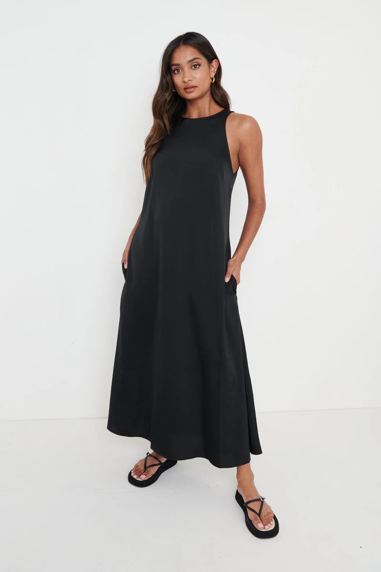 Pascale Satin Day Dress - Black | Pretty Lavish (UK)