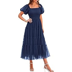 PRETTYGARDEN Women's Smocked Midi Tulle Dress 2026 Summer Puffy Short Sleeve Square Neck Ruffle W... | Amazon (US)