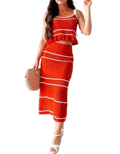 NUFIWI Women Crochet Knit 2 Piece Outfits Set Summer Striped Tie Shoulder Crop Top Bodycon Maxi S... | Amazon (US)