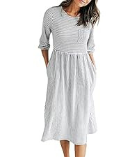 MEROKEETY Women's 3/4 Balloon Sleeve Striped High Waist T Shirt Midi Dress with Pockets | Amazon (US)