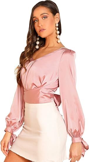 SheIn Women's Elegant V Neck Self Tie Knot Long Sleeve Satin Blouse Shirt Top | Amazon (US)