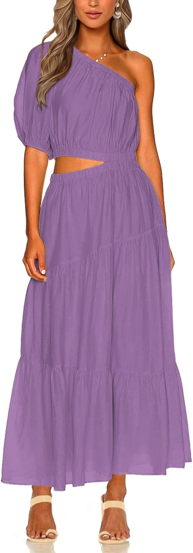 BTFBM Women Boho One Shoulder Maxi Dress Short Sleeve Cutout Elastic Waist Long Flowy Cocktail Pa... | Amazon (US)