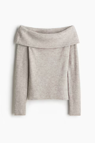 H & M - Rib-Knit Off-the-Shoulder Top - Brown | H&M (US + CA)