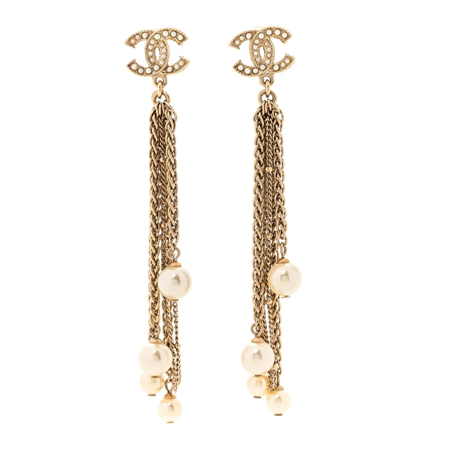 Pearl CC Multi Chain Drop Earrings Gold | FASHIONPHILE (US)