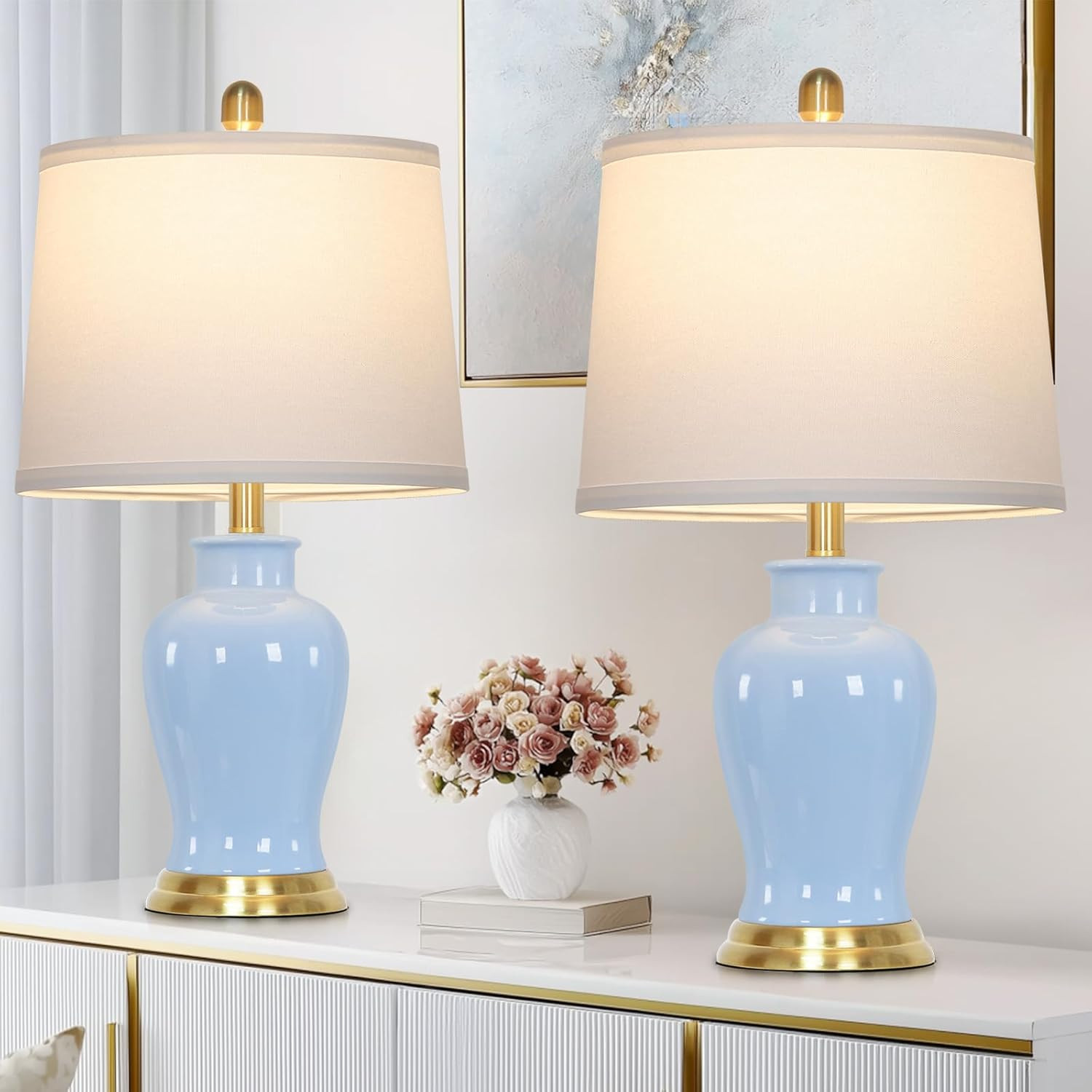 23" Modern Blue Ceramic Table Lamps Set of 2, Coastal Ceramic Lamps for Living Room, Classic Beds... | Amazon (US)