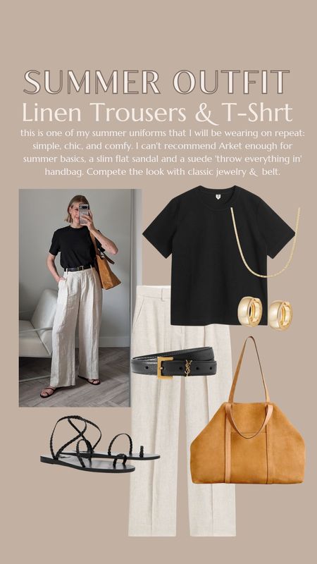 this is one of my summer uniforms that I will be wearing on repeat: simple, chic, and comfy. I can't recommend Arket enough for summer basics, a slim flat sandal and a suede 'throw everything in' handbag. Compete the look with classic jewelry &  belt. This linen trousers outfit can be worn as summer workwear and for everyday smart casual outfits 

#LTKeurope #LTKstyletip #LTKworkwear