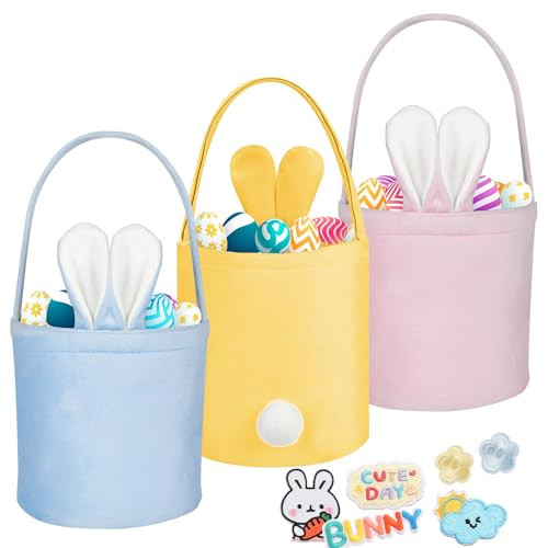 Gouraml Easter Baskets for Kids, Bunny Easter Basket Set 3-Pack for Egg Hunt, Reusable Velvet Easter Basket with Bunny Ears for Easter Games, Party Gifts & Spring Decoration (Blue, Pink, Yellow) | Amazon (US)