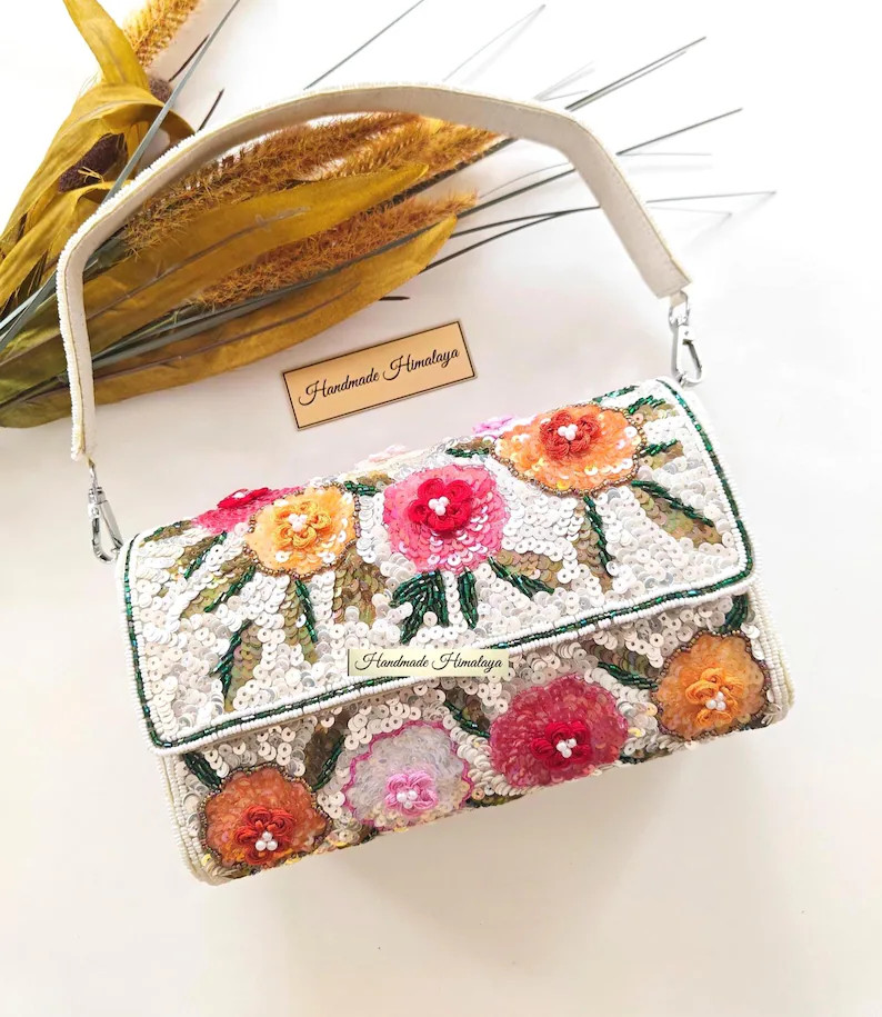 Boho Flower Beaded Evening Bag | Handmade Sequin Floral Clutch | Pink and Orange Shoulder Purse -... | Etsy (Global)