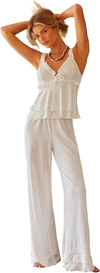 SHENHE Women's 2 Piece Pajama Sets Rib Knit Ruffle Hem Cami Top and Pants Sleepwear | Amazon (US)