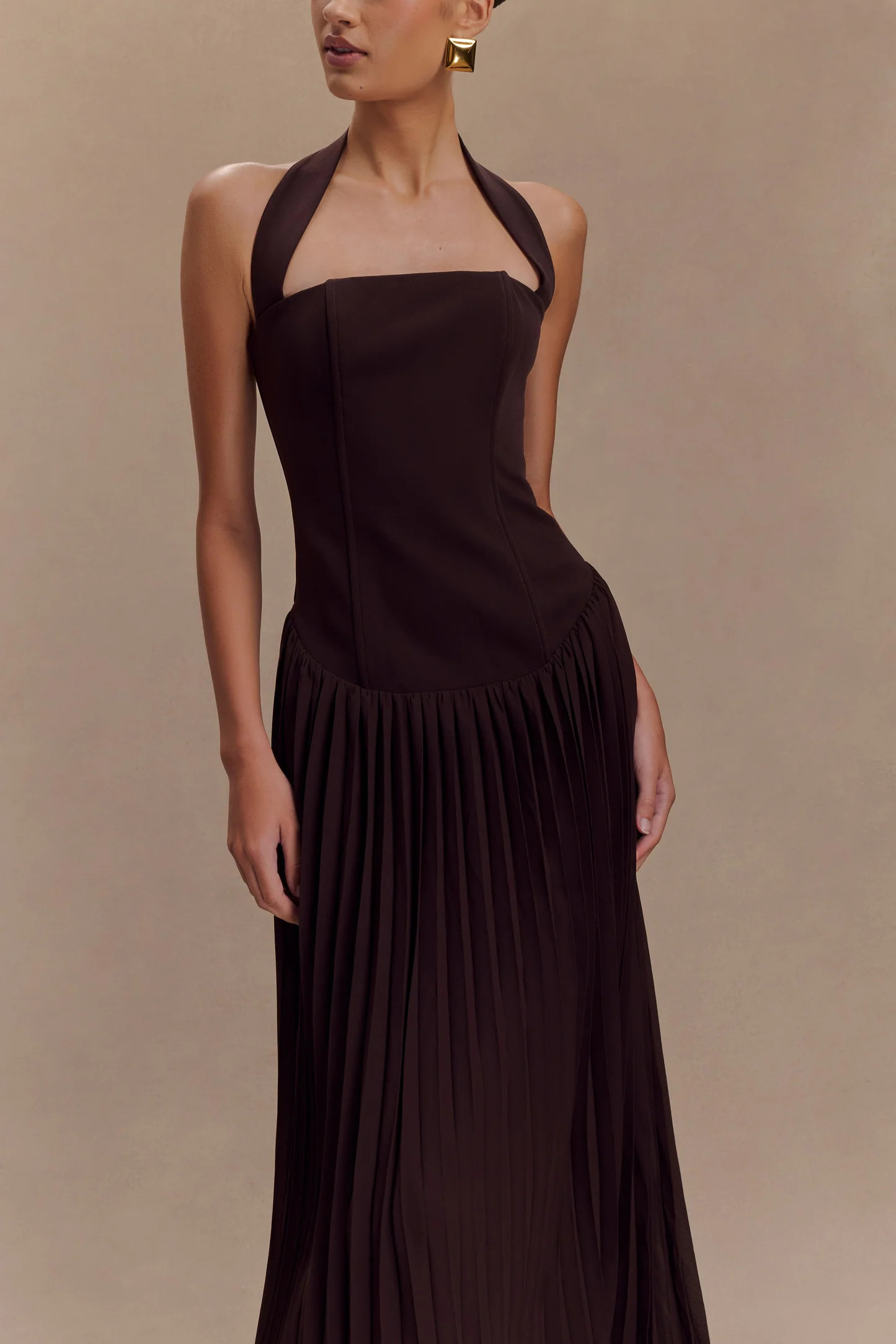 Stacie Pleated Halter Maxi Dress - Cacao | Meshki UK
