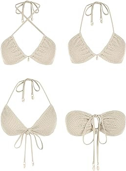 ZAFUL Women's Triangle Bikini Multiway Fishnet Tie Side Bandeau Halter String Bikini Set Two Piec... | Amazon (US)