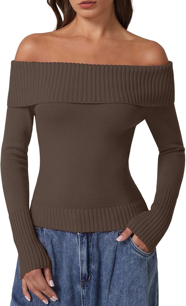 QINSEN Cotton Off The Shoulder Sweater for Women Long Sleeve Ribbed Knit Pullover Sweater Slim Fi... | Amazon (US)