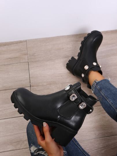 Rhinestone Decor Chunky Heeled Chelsea Boots | SHEIN