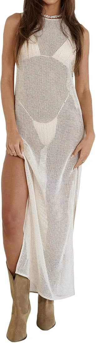 SOOKABEILA Women Crochet Knit Cover Up Maxi Dress Y2K Sheer Mesh Long Dress Sexy Backless Bikini ... | Amazon (US)
