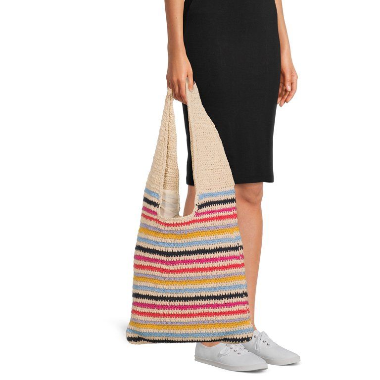 No Boundaries Women's Festival Crochet Tote Bag Tan Multi Stripe | Walmart (US)
