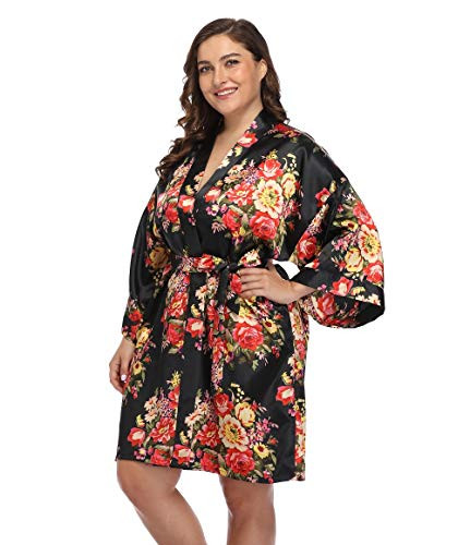 Super Shopping-zone Women's Plus Size Floral Satin Robes Short Silky Bride Robe for Wedding Party,Black,XL | Amazon (US)