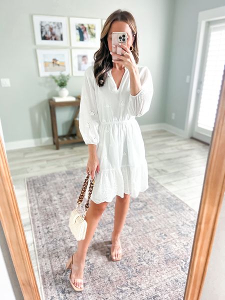 Target white dress (XS). Eyelet dress. Bridal shower dress. Bridal luncheon dress. Target clear heels (TTS). Straw clutch. Vacation outfit. Work outfit. Business casual. Teacher outfit. 

*Dress is lined and has pockets. 

#LTKunder50 #LTKtravel #LTKwedding