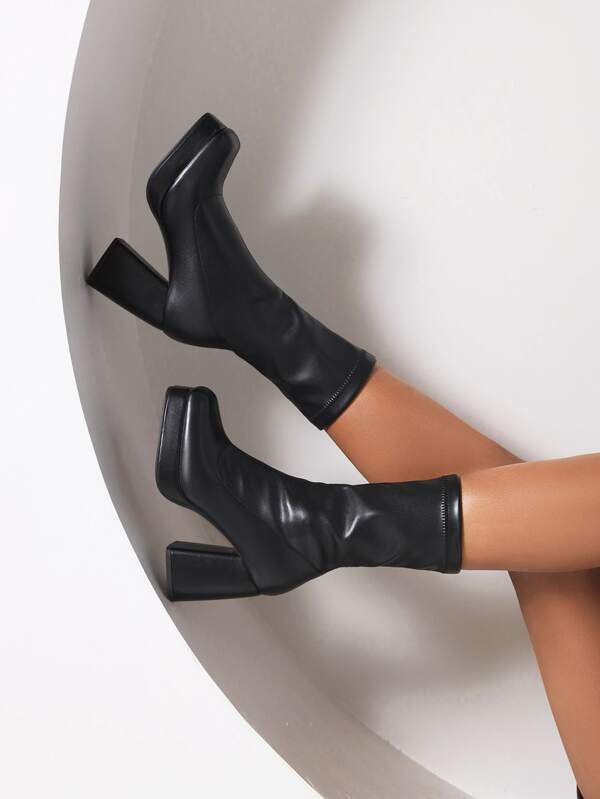 Women's Black Elegant Solid Color Elastic Ankle Boots, Square Toe, Chunky Heel, Classic Socks Boo... | SHEIN