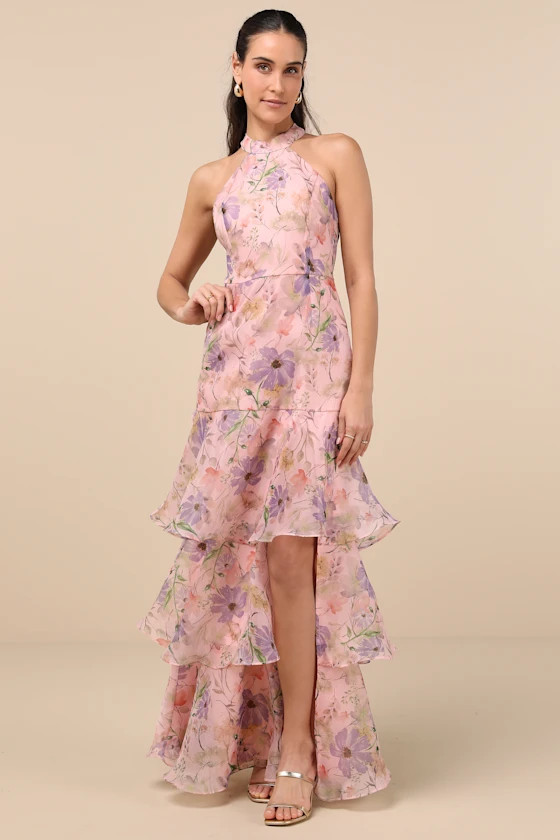 Forever Exceptional Light Pink Floral Halter Organza Maxi Dress | Lulus