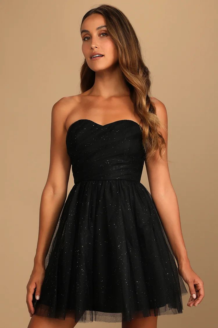 Just a Twirl Black Glitter Tulle Strapless Skater Dress | Lulus (US)