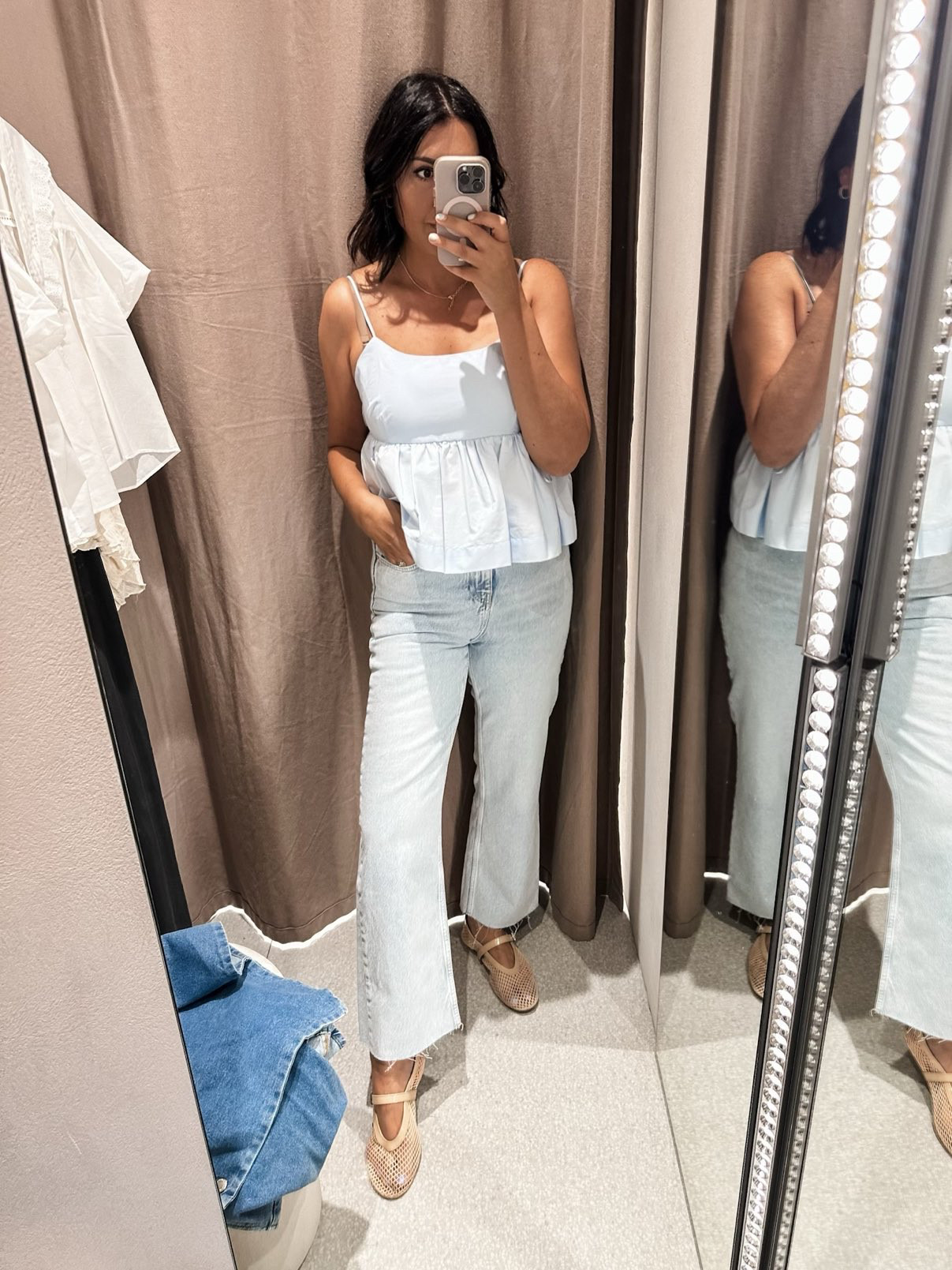 I am in the medium of the top -- it runs true to size! Maybe even a bit generous which is nice. Adjustable straps and it feels long enough for a long torso as well. 

I'm in the 8 of the jeans. Fit is TTS but most fitted at the hips / waist for me. If you want a looser fit, go up one size.  

 #LTKFindsUnder50 #LTKFindsUnder100