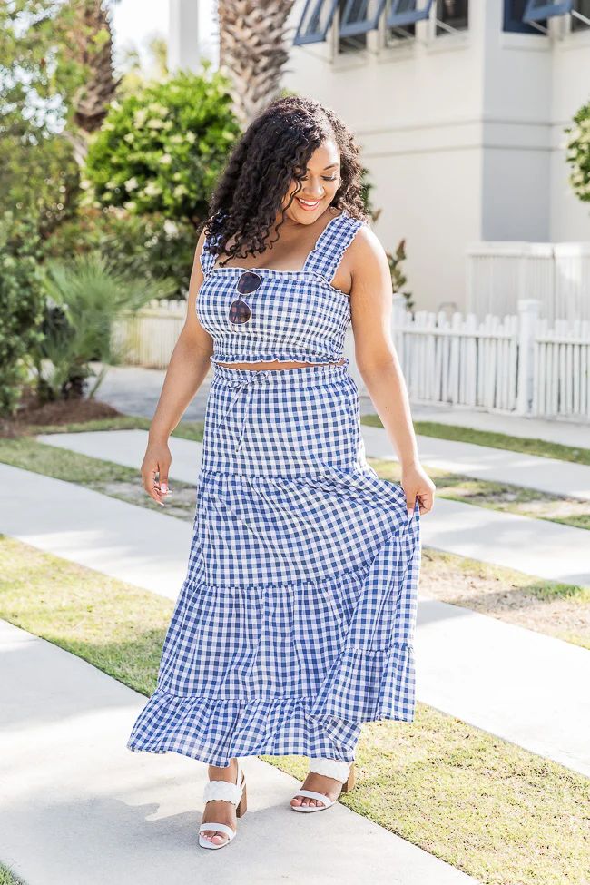 Sitting Parkside Navy Gingham Maxi Skirt | Pink Lily