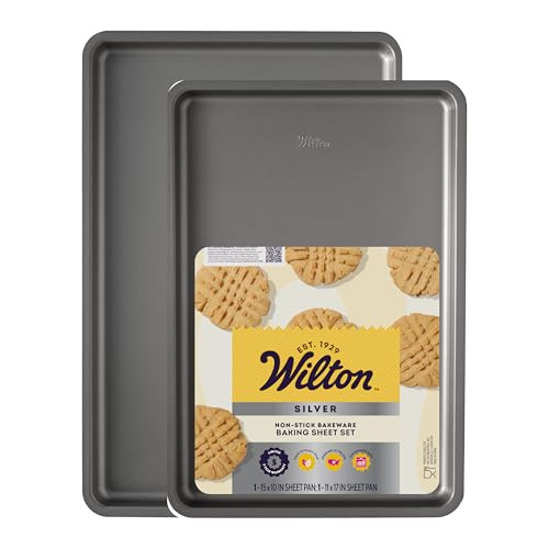 Wilton Silver Non Stick Baking Sheet Set, Medium and Large Cookie Sheets for Baking and Roasting, Made without PFAs, Stackable Storage, 2-Piece Set | Amazon (US)