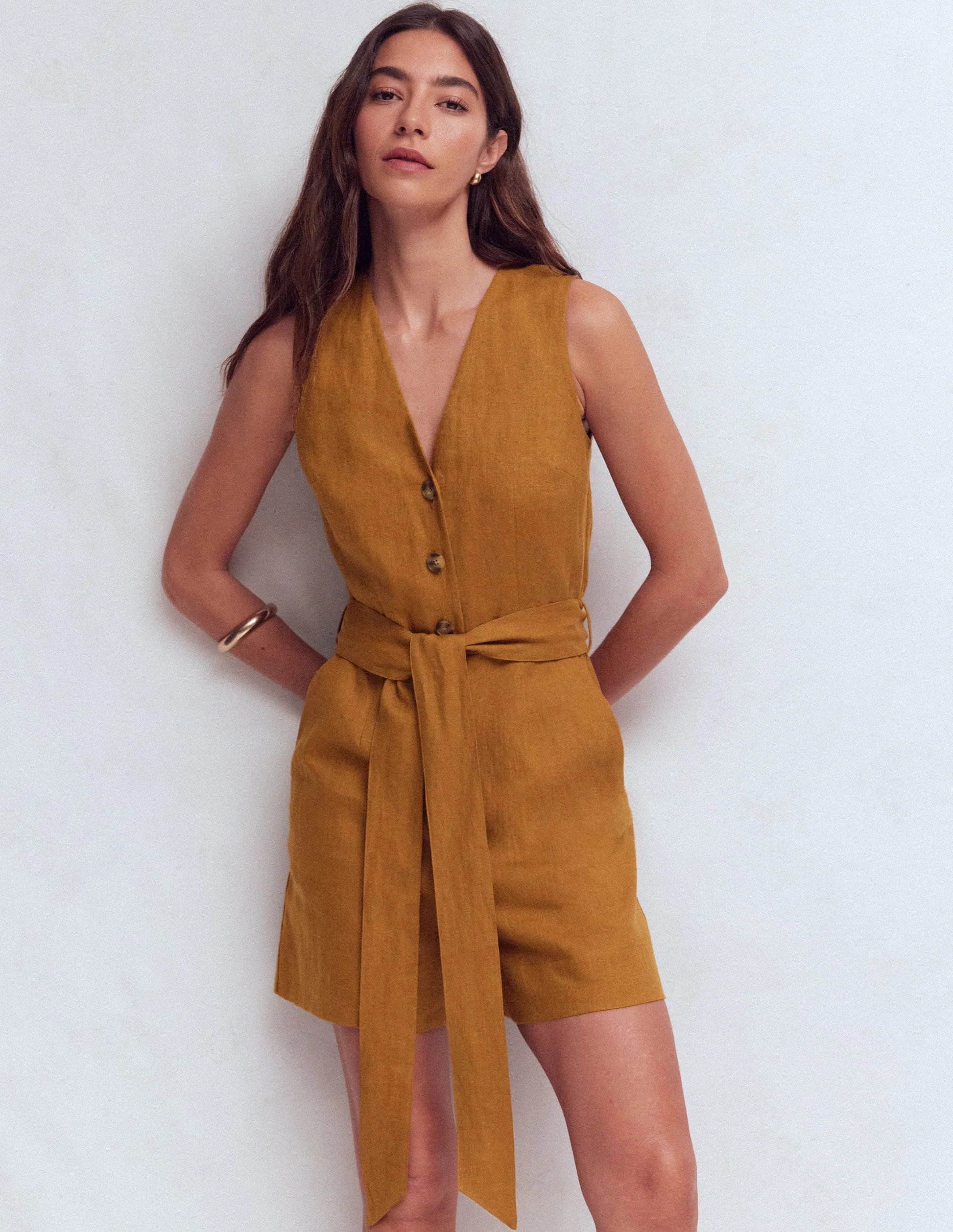 Laura V-neck Linen Playsuit-Gingerbread | Boden (US)