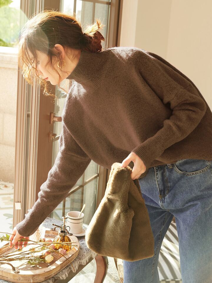 Knit Mix Women Solid High Neck Drop Shoulder Sweater | SHEIN